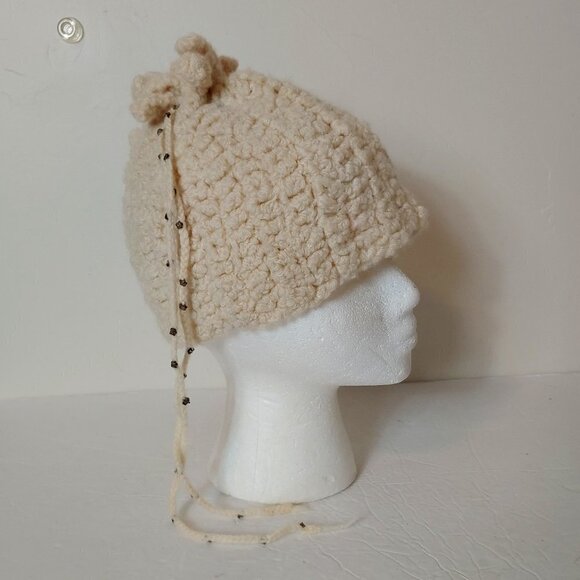 Vintage Hand Knit Hat Crochet Beaded Jeweled Pull String Tie Boho - Picture 3 of 9